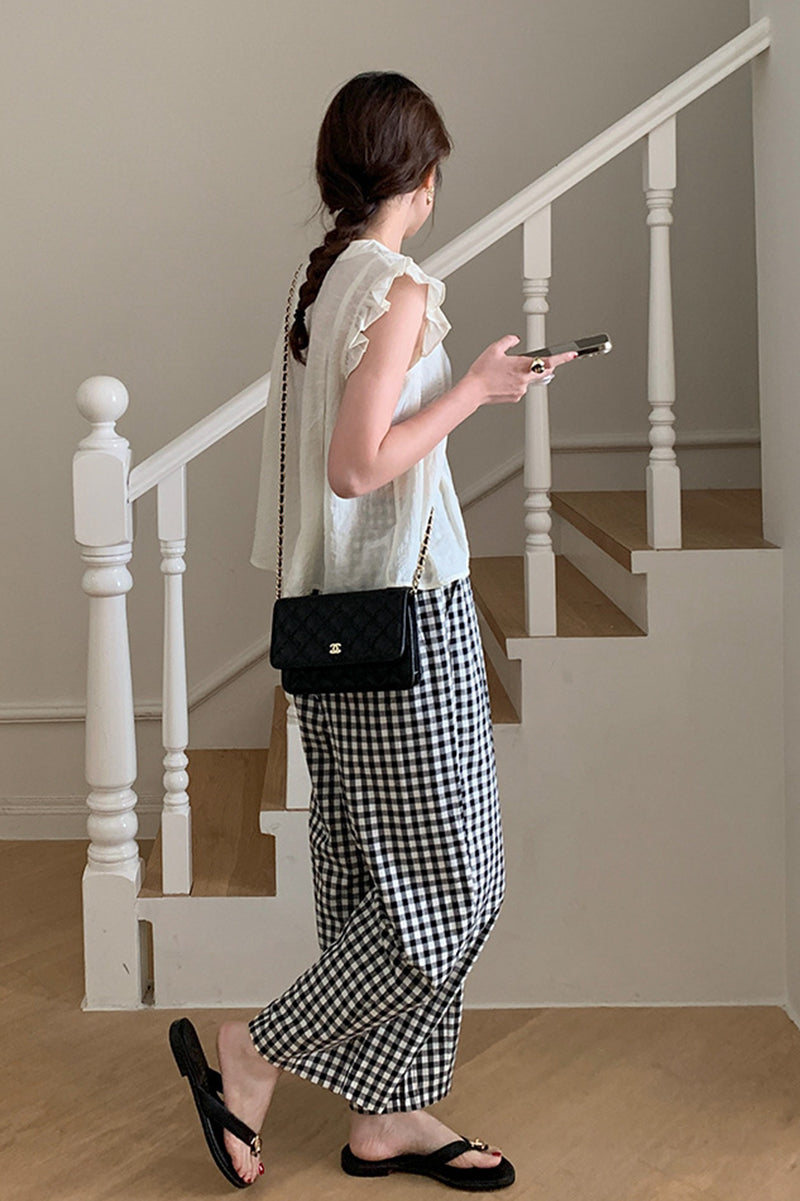 Black and white plaid casual pants C3370
