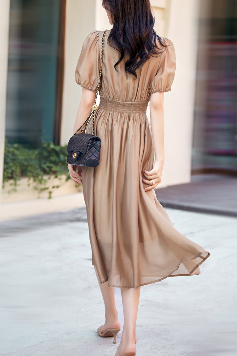 High waisted bubble sleeved V-neck mid length dress C3467