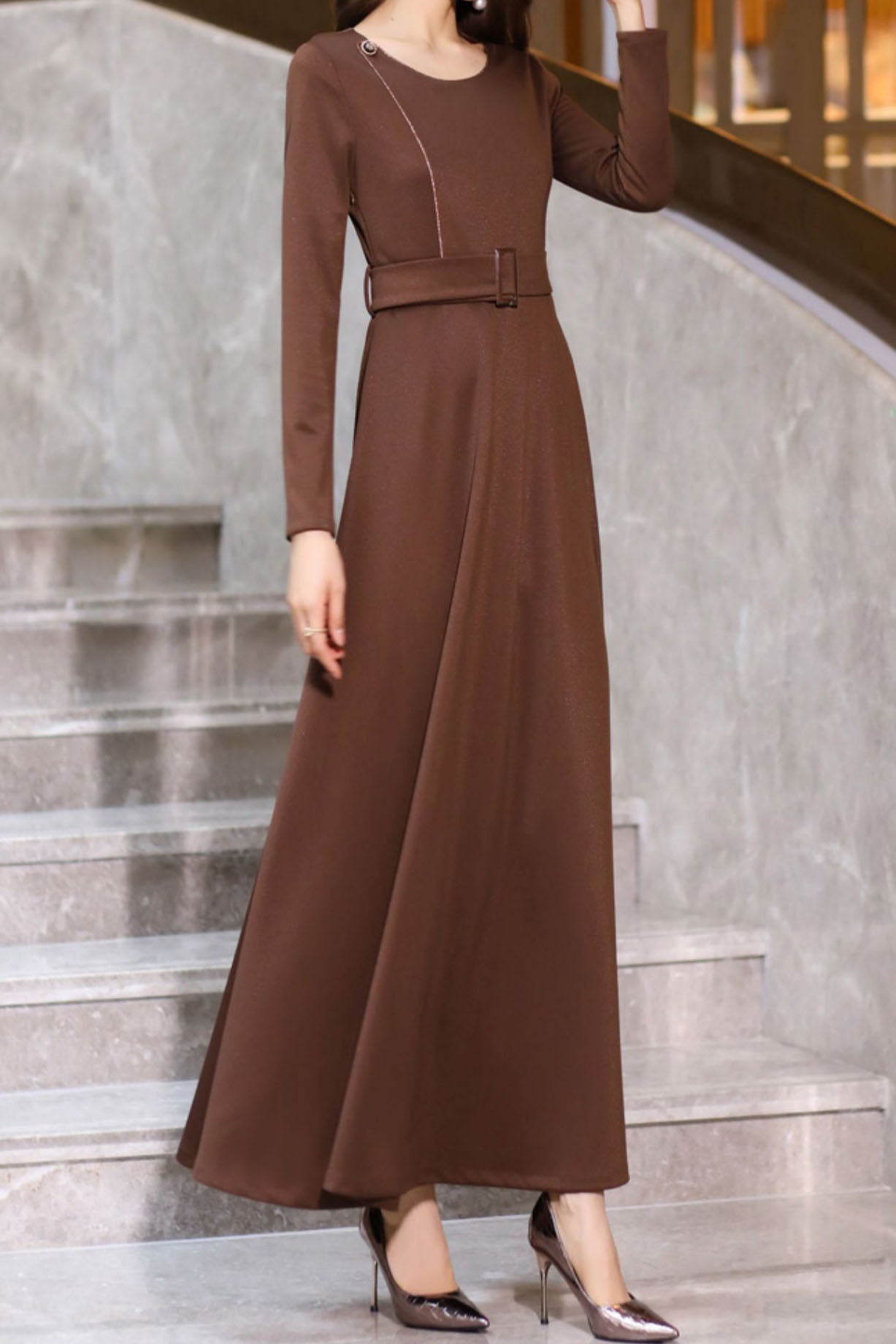 Women's Autumn Coffee Long Dress C3640