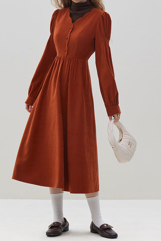Rust Long Sleeved Midi Dress - Puff Sleeve V-Neck Vintage Style C3633