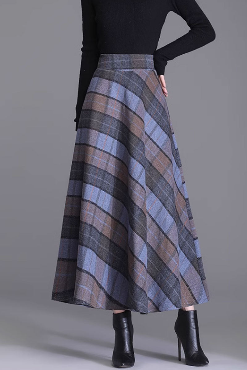 plaid a line long wool skirt for women C3717