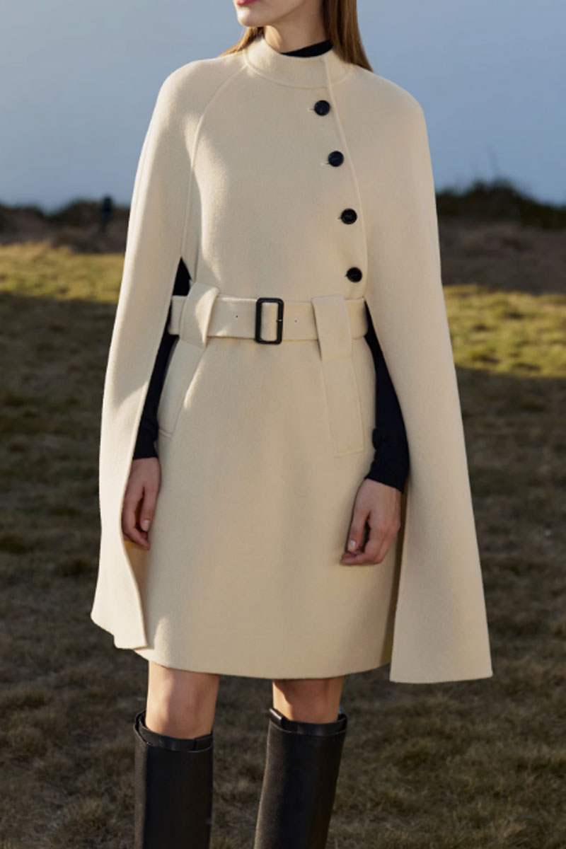 Asymmetrical belted winter wool cape women C3652