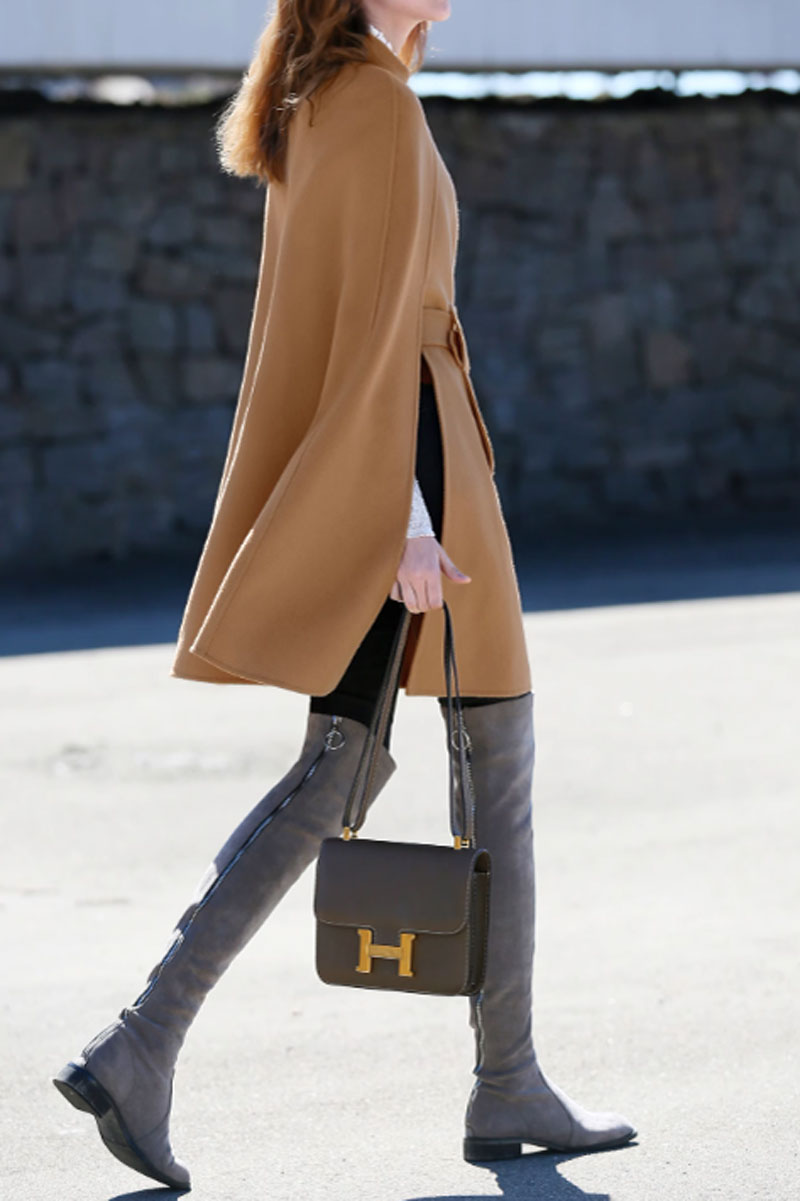 Asymmetrical belted winter wool cape women C3652