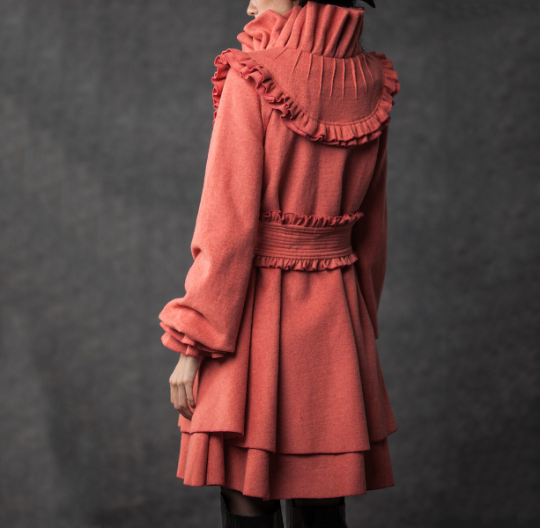 Black winter wool coat with ruffle details C188