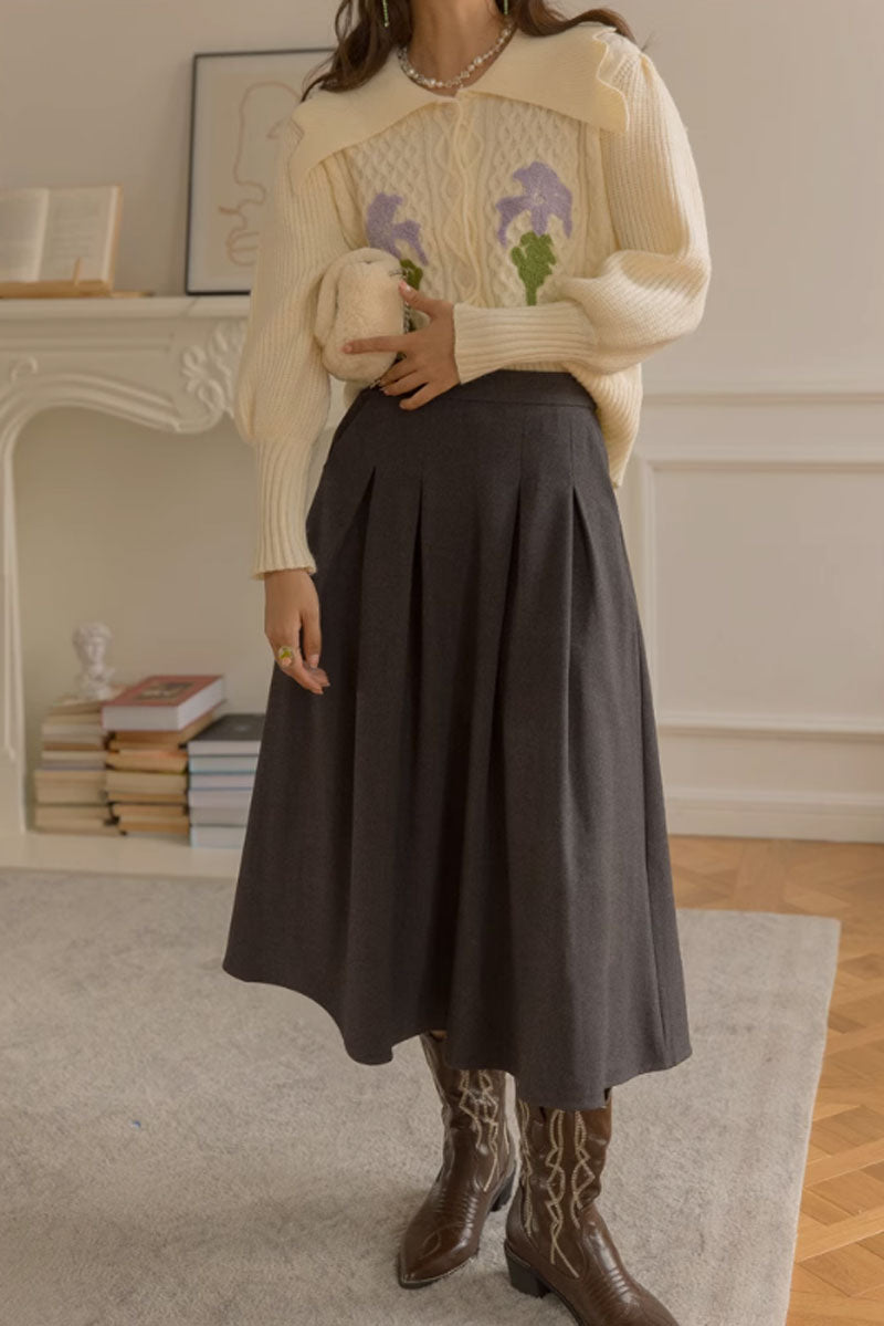 Pleated gray midi wool winter skirt C3525