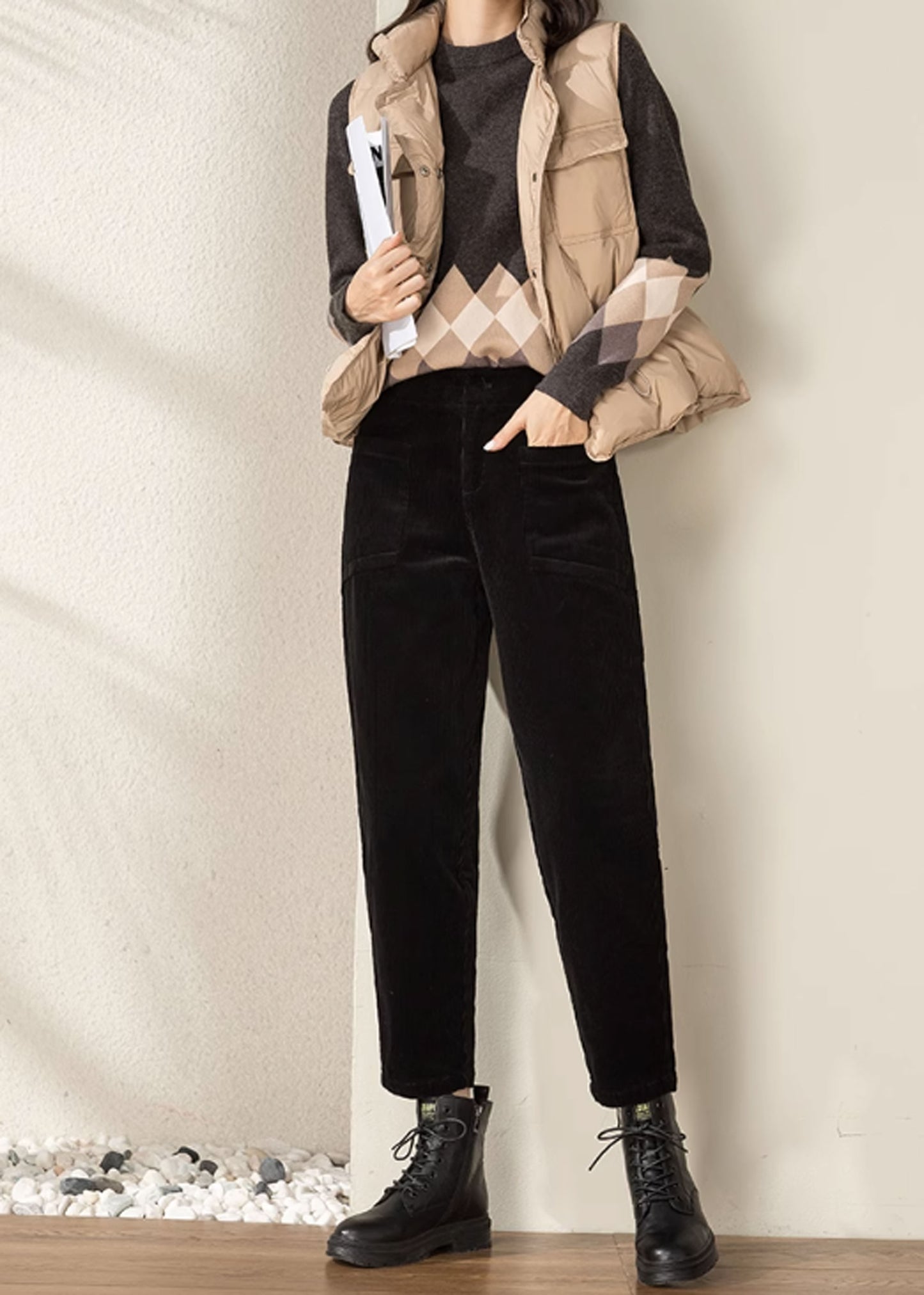 Women's Tapered Pants, Elastic Waist Corduroy Pants C3509