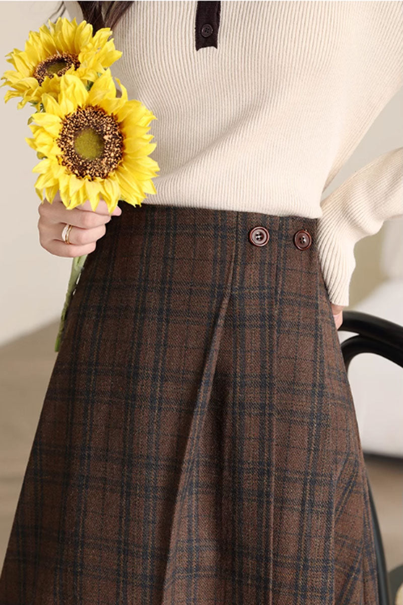 midi a line plaid winter wool skirt C3715