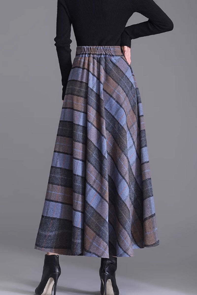 plaid a line long wool skirt for women C3717