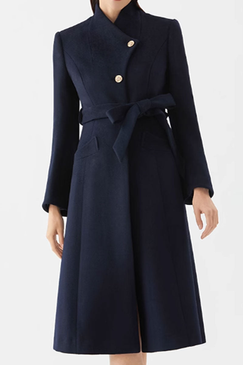Asymmetrical navy blue wool coat women C3578