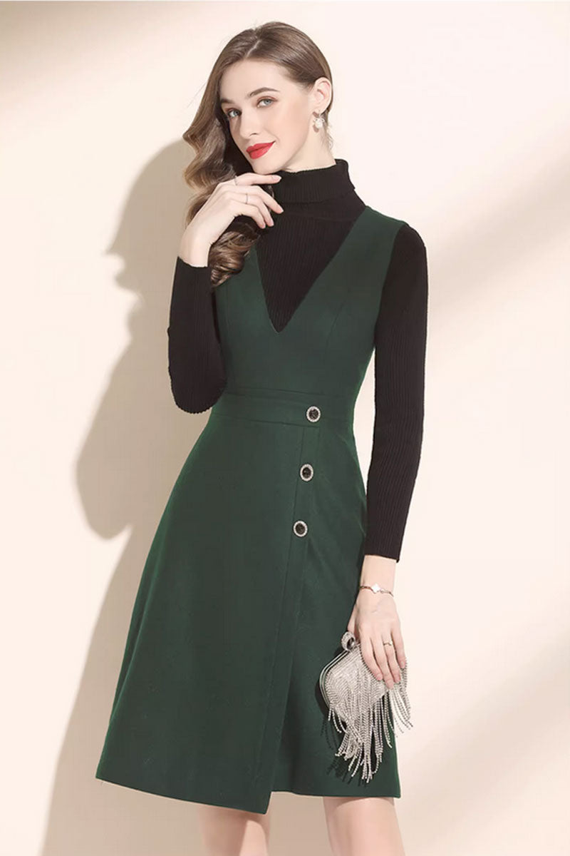 Sleeveless green winter wool dress, v neck wool dress C3441
