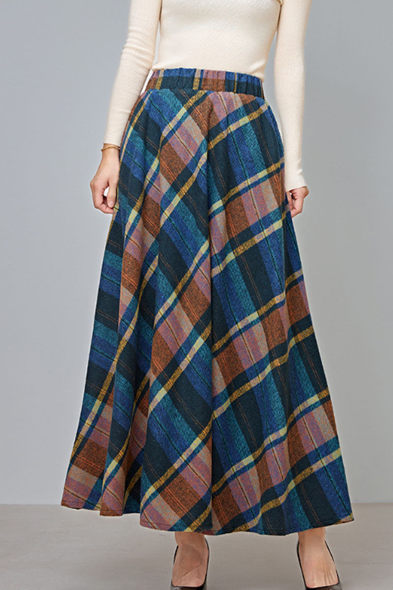 swing plaid long wool skirt C3727