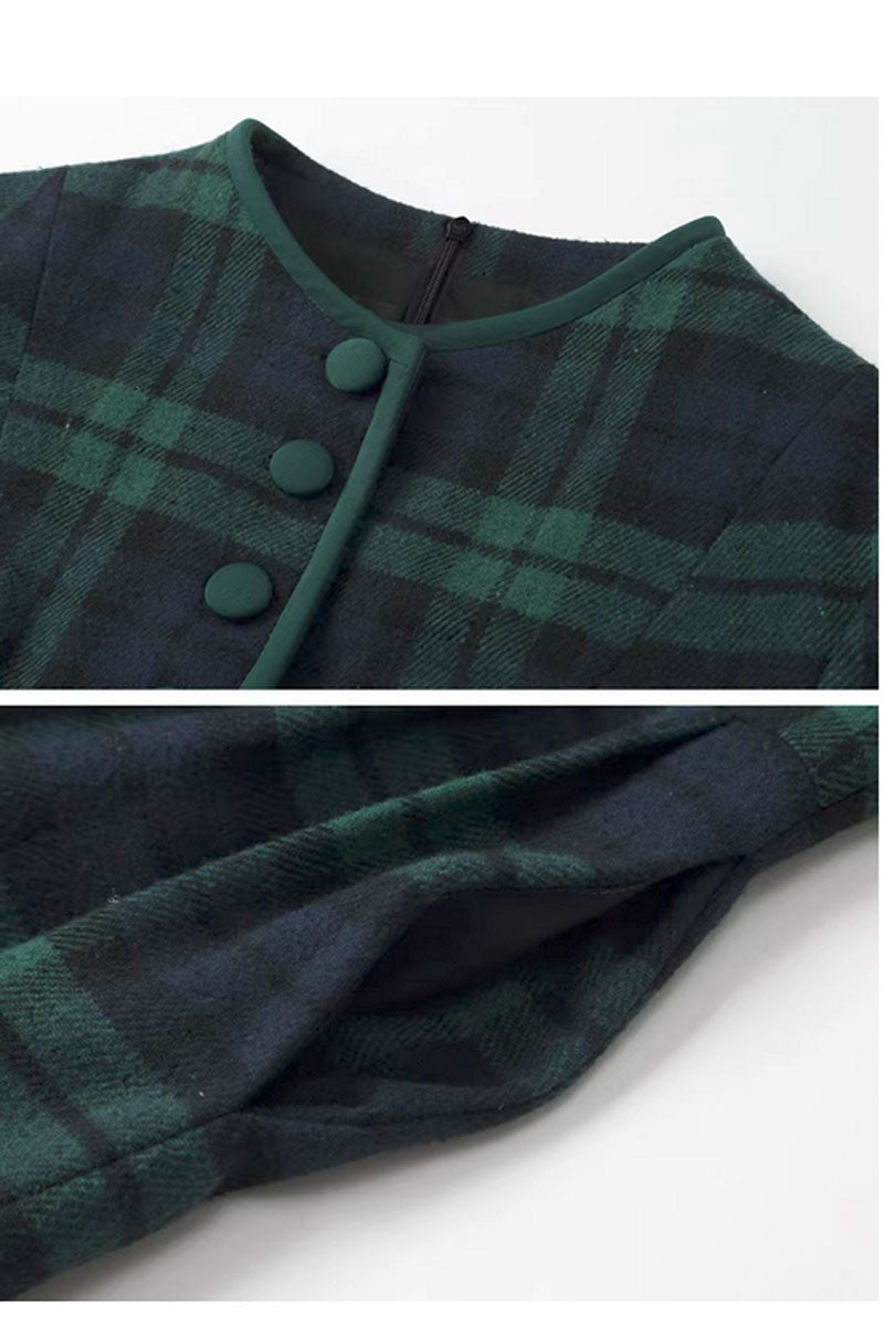 Green plaid winter wool dress women C3416