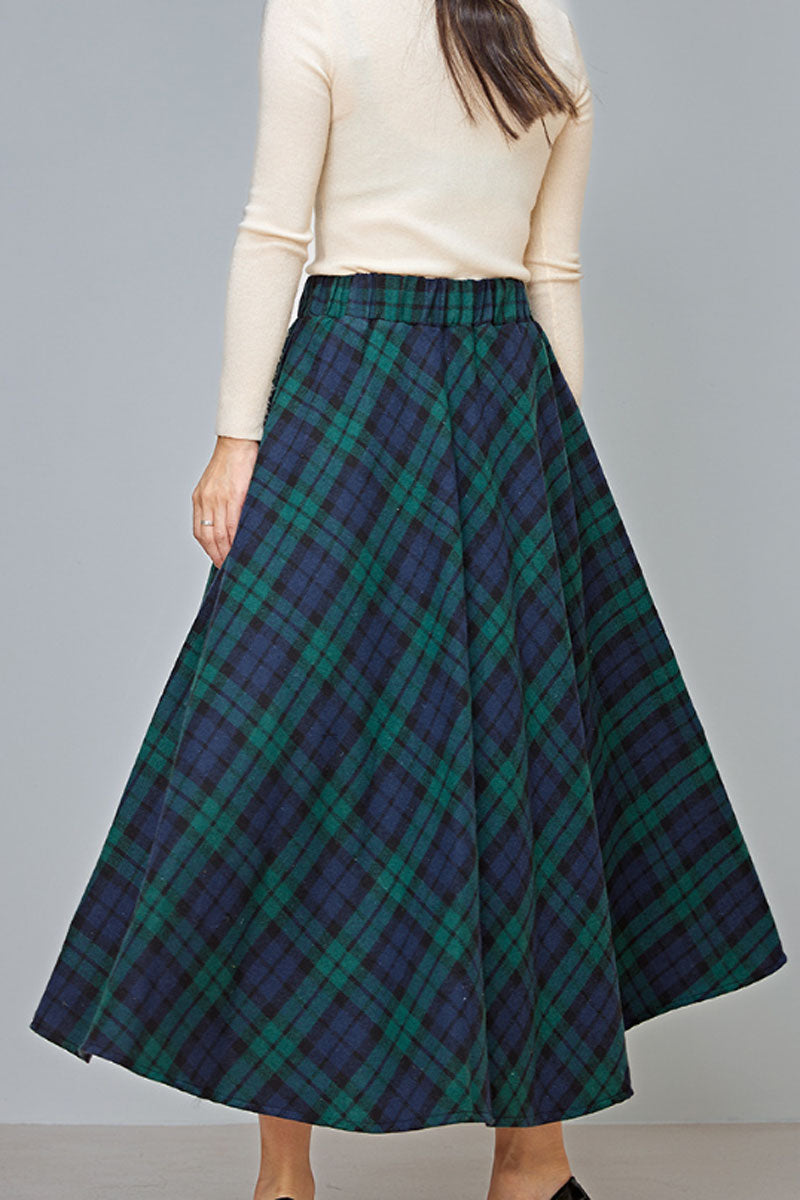 Plus size plaid long wool skirt with elastic waist C3730
