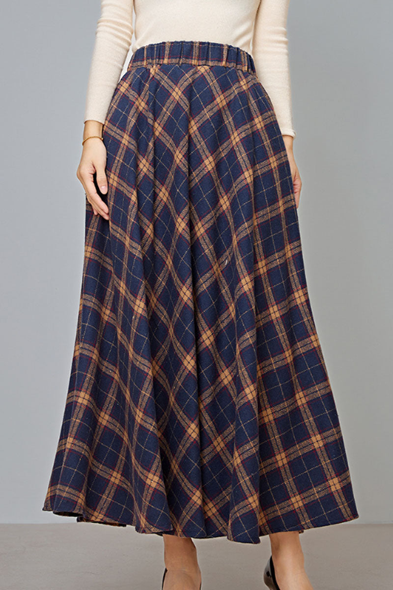 plaid long wool skirt with elastic waist C3731