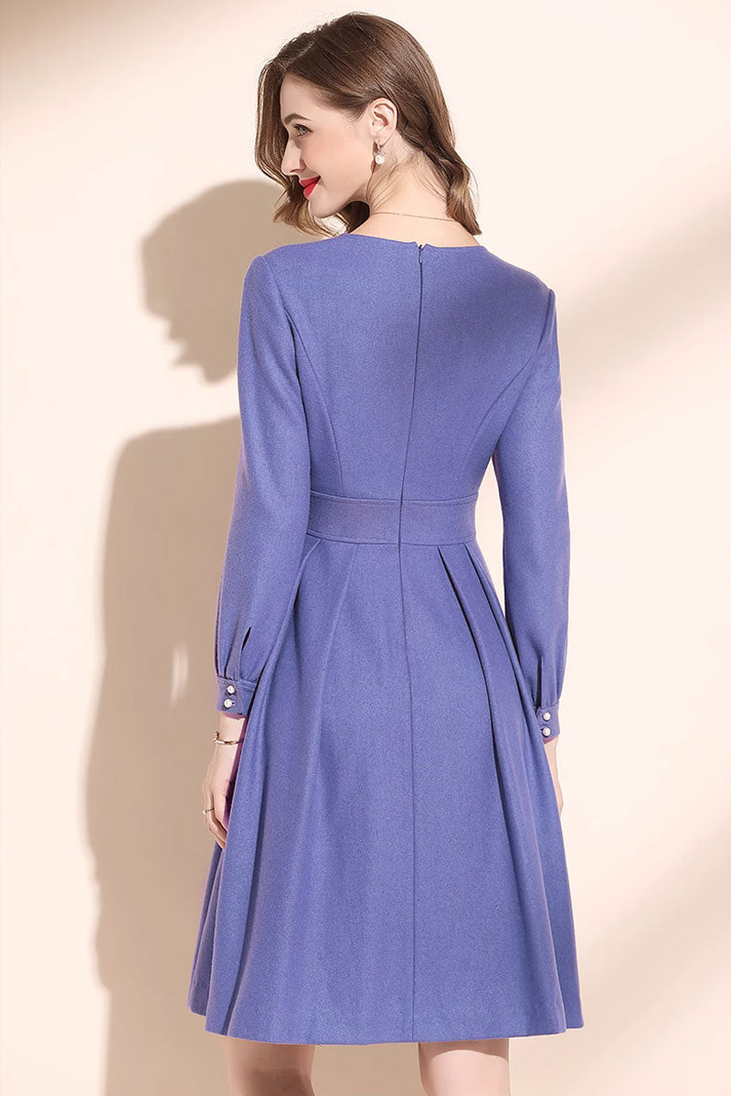 V neck purple wool winter dress for women C3463