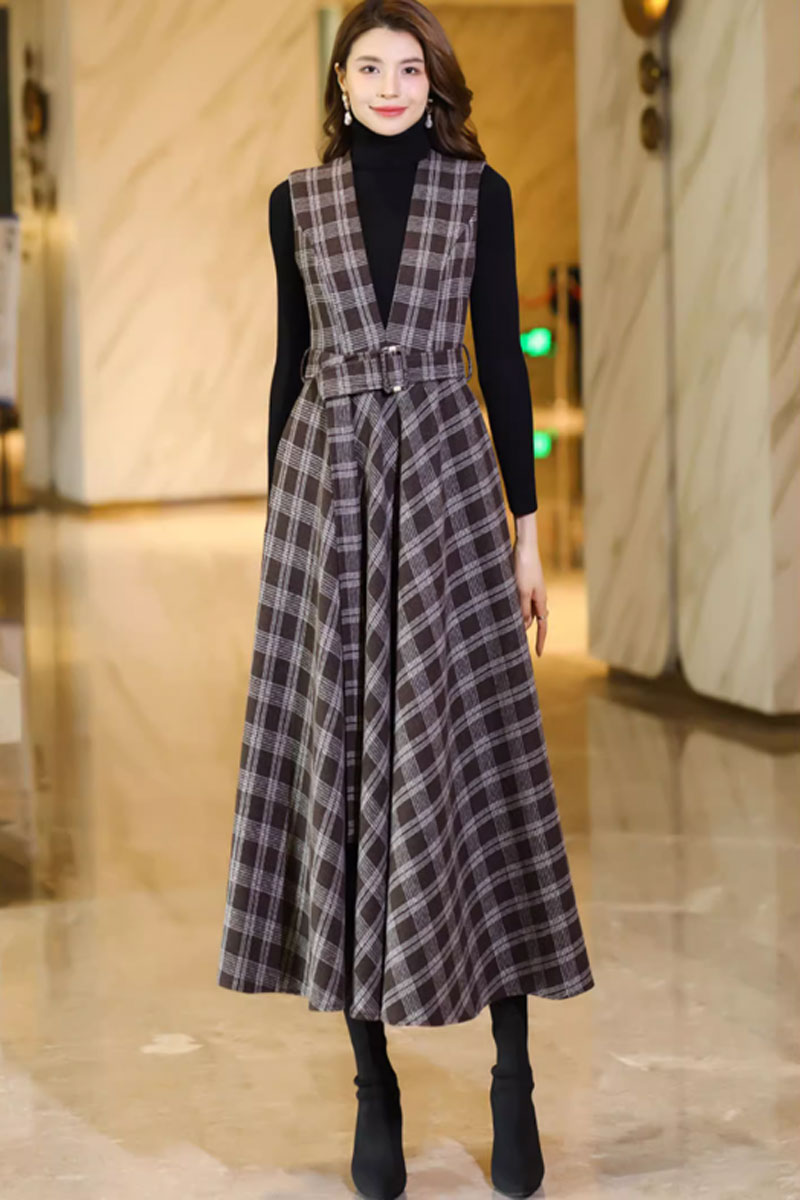 maxi plaid long wool pinafore dress C3737