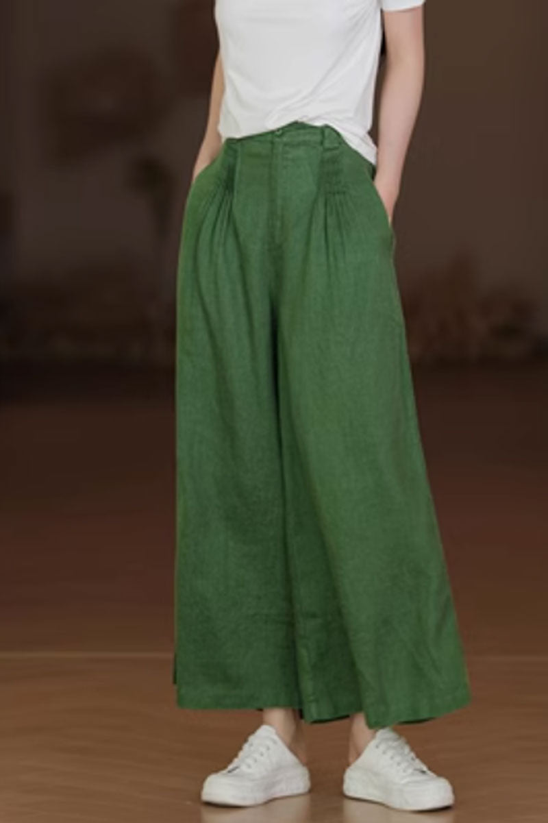 wide leg linen pants with pleating details C3858
