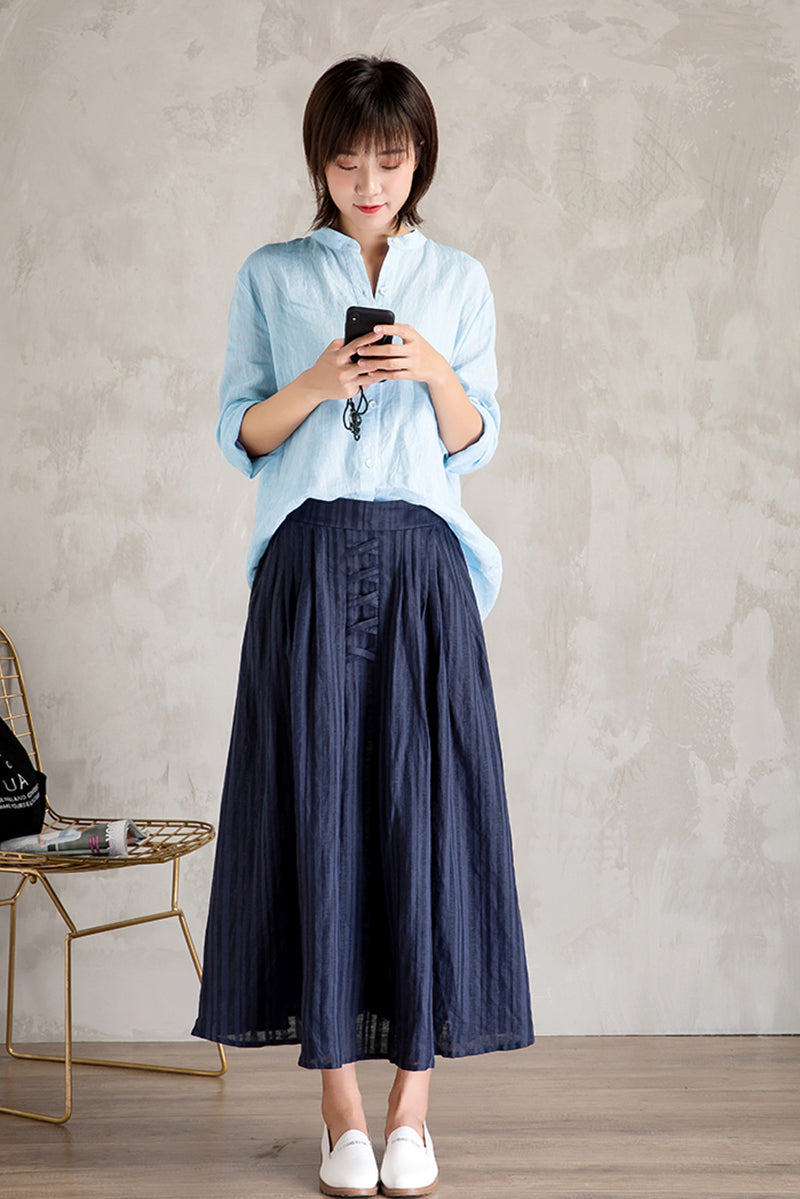Linen High Waist Large Swing Art Long Skirt C3472