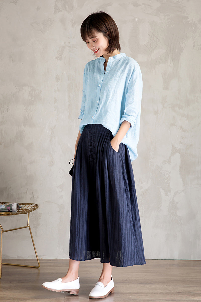 Linen High Waist Large Swing Art Long Skirt C3472
