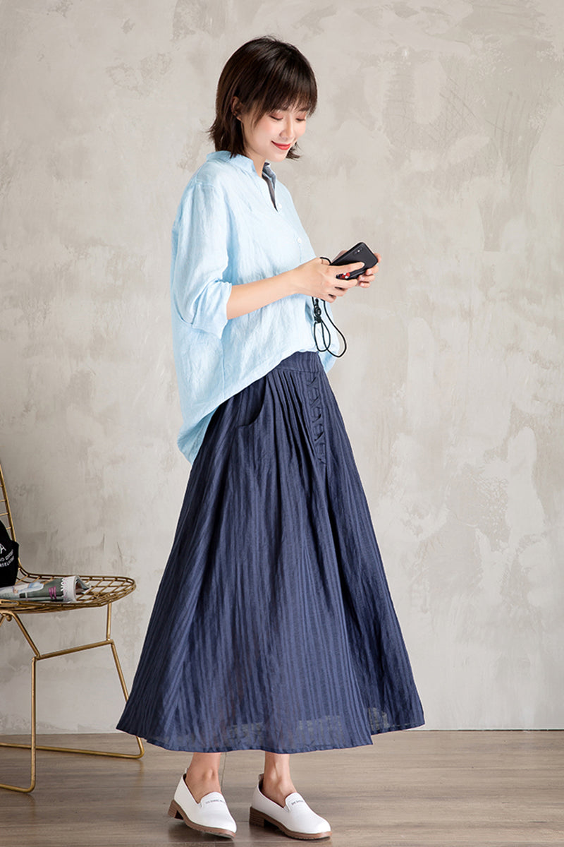 Linen High Waist Large Swing Art Long Skirt C3472