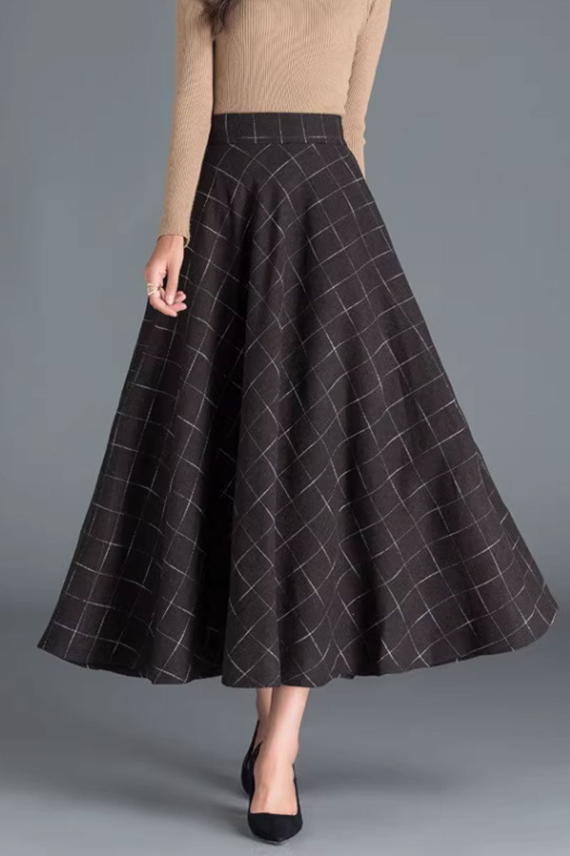 plaid long wool skirt with pockets C3764