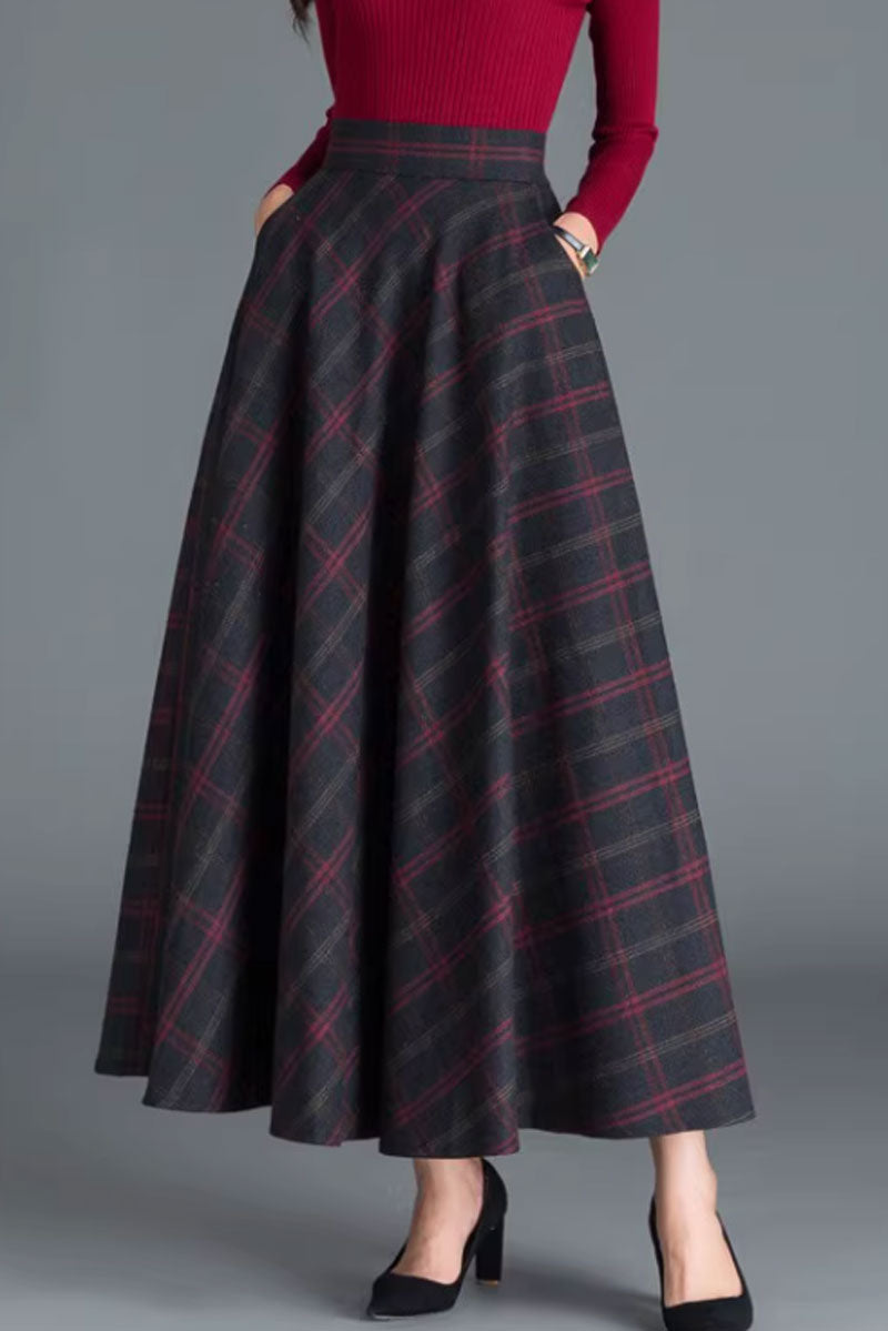 winter plaid long wool skirt with pockets C3762