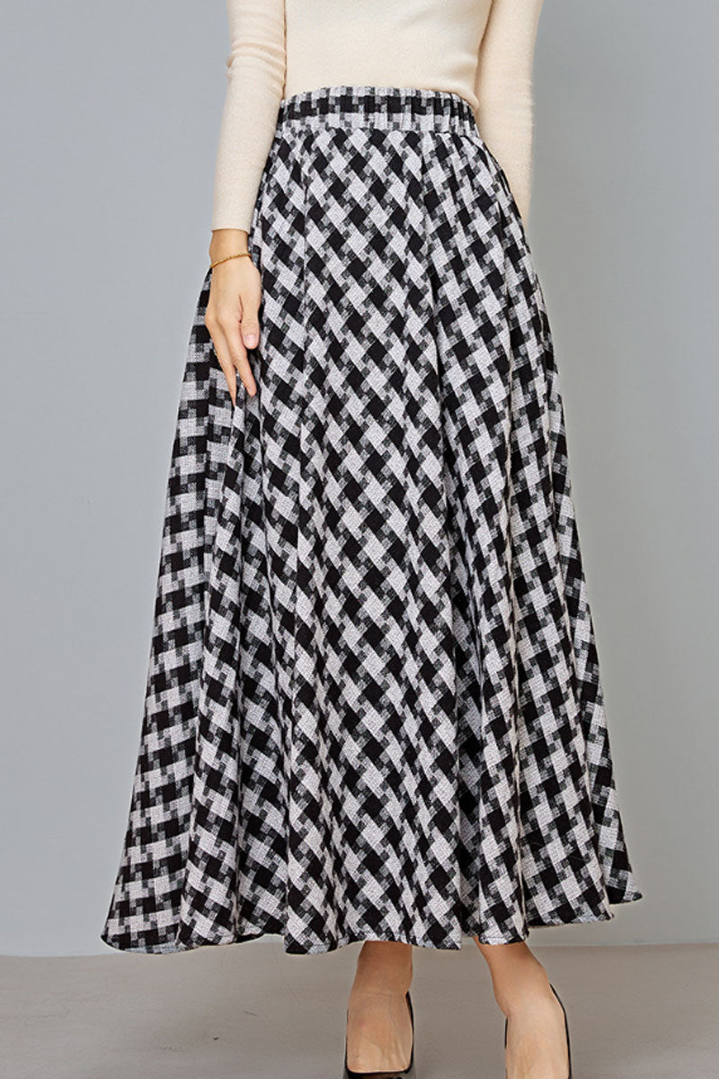black and white plaid wool skirt women C3729