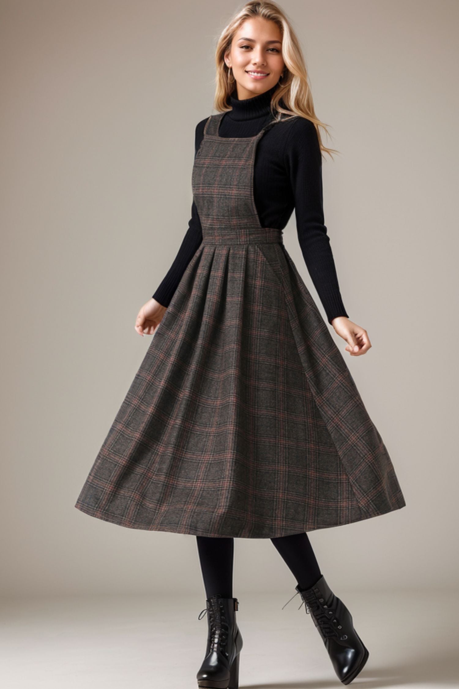 Plaid Wool Pinafore Pleated Winter dress C4271 YLISTYLE Plaid Wool Pinafore Pleated Winter dress C4271 YLISTYLE