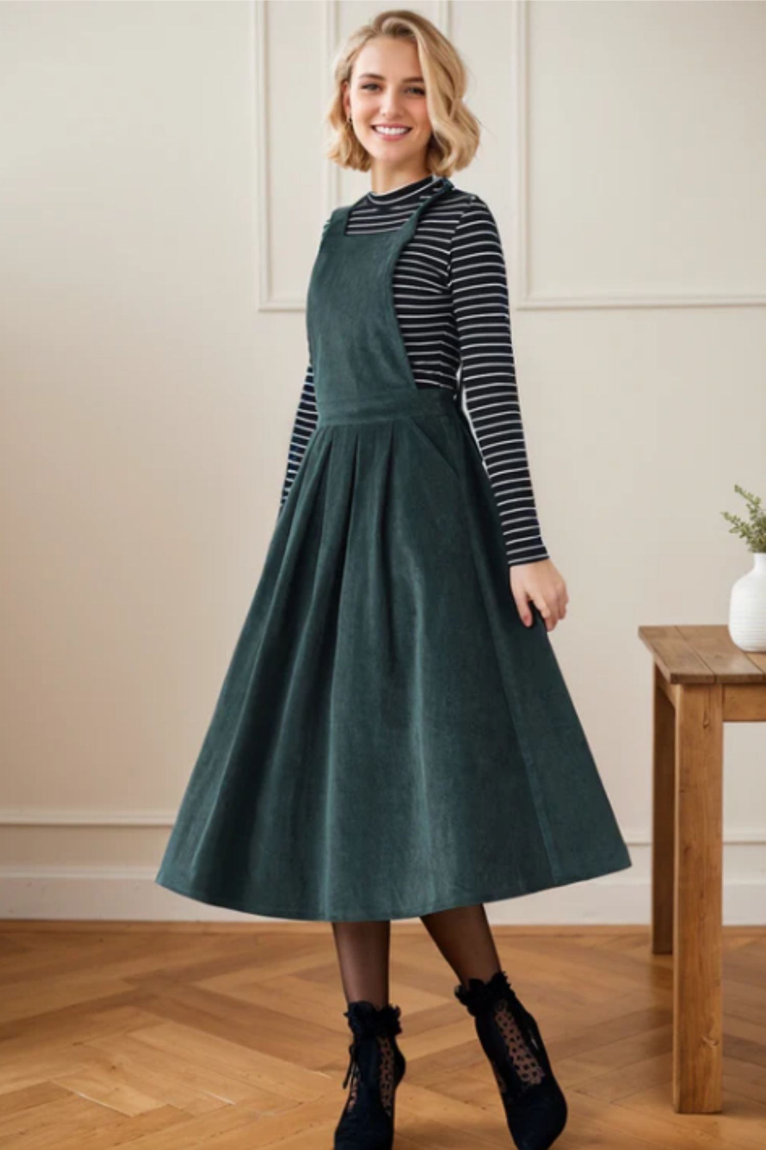 Dark Green Pleated Corduroy Pinafore Dress C4359 YLISTYLE Dark Green Pleated Corduroy Pinafore Dress C4359 YLISTYLE
