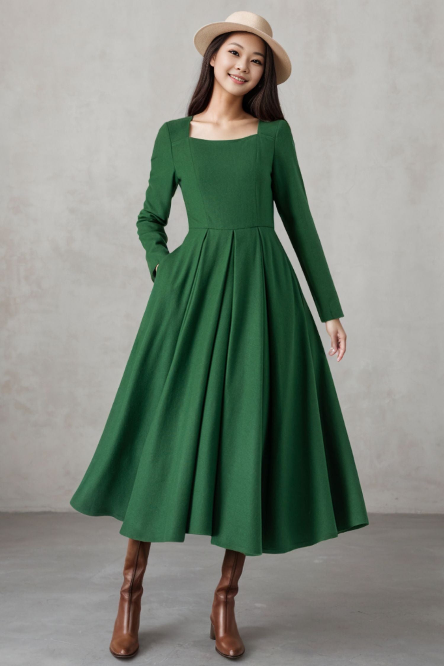 Green Wool Womens Winter Dresses C4336 YLISTYLE Green Wool Womens Winter Dresses C4336 YLISTYLE