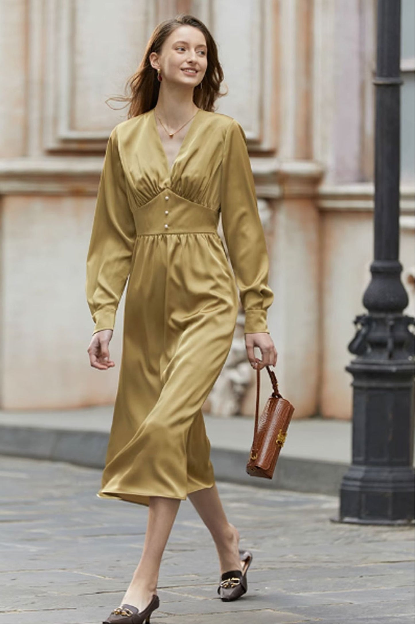 High waist v neck womens dresses with long sleeves C3488