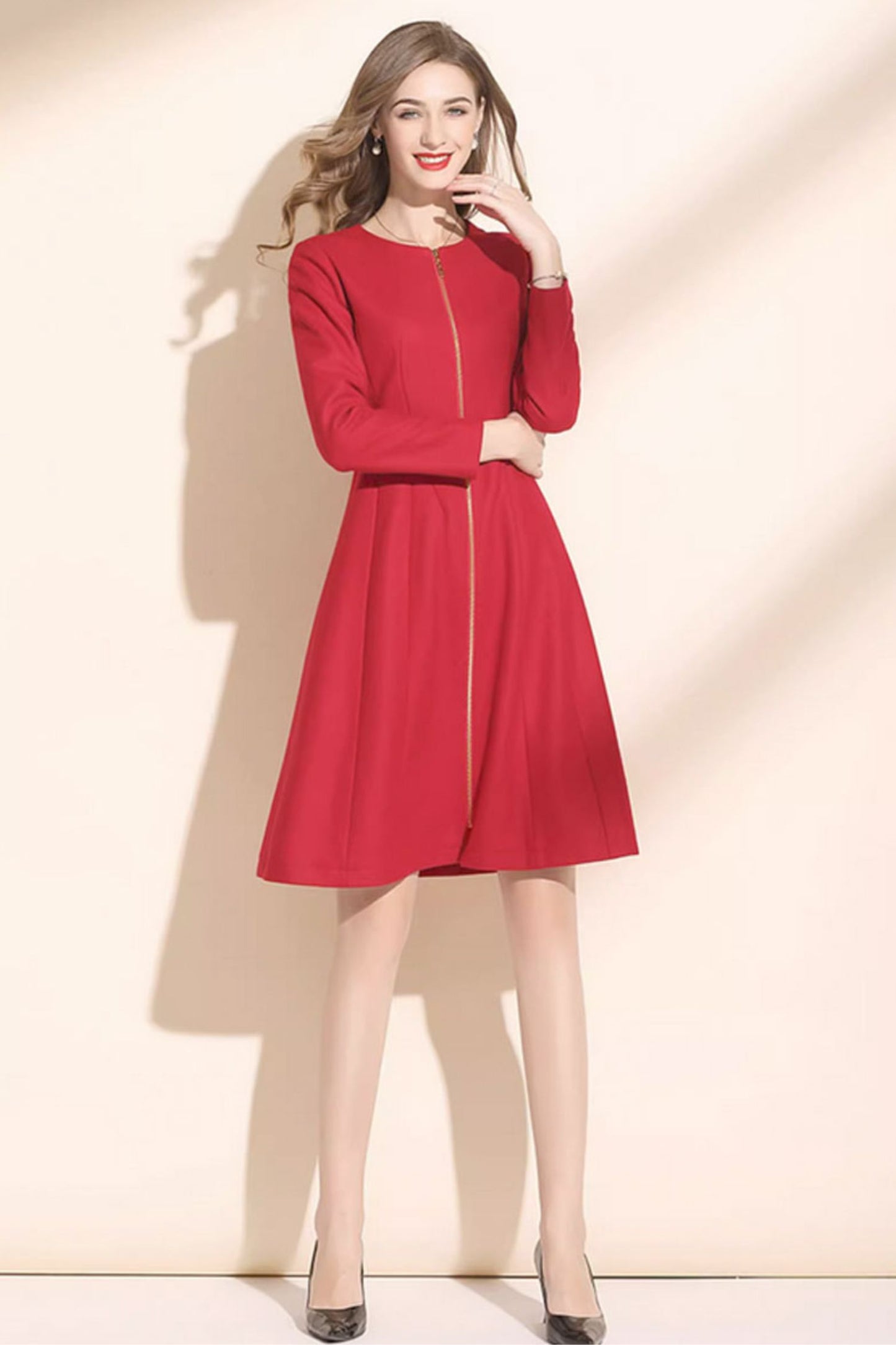 elegant red wool dress with zipper closure in front C3421