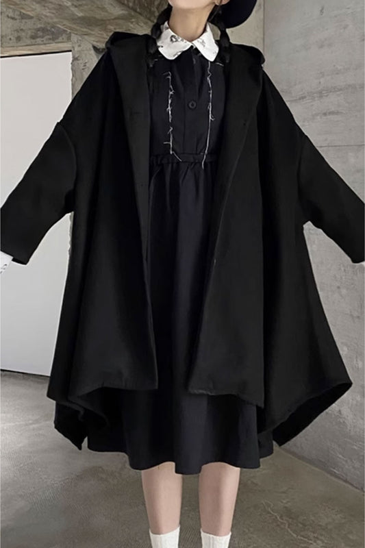 Irregular black winter wool cape coat C3650
