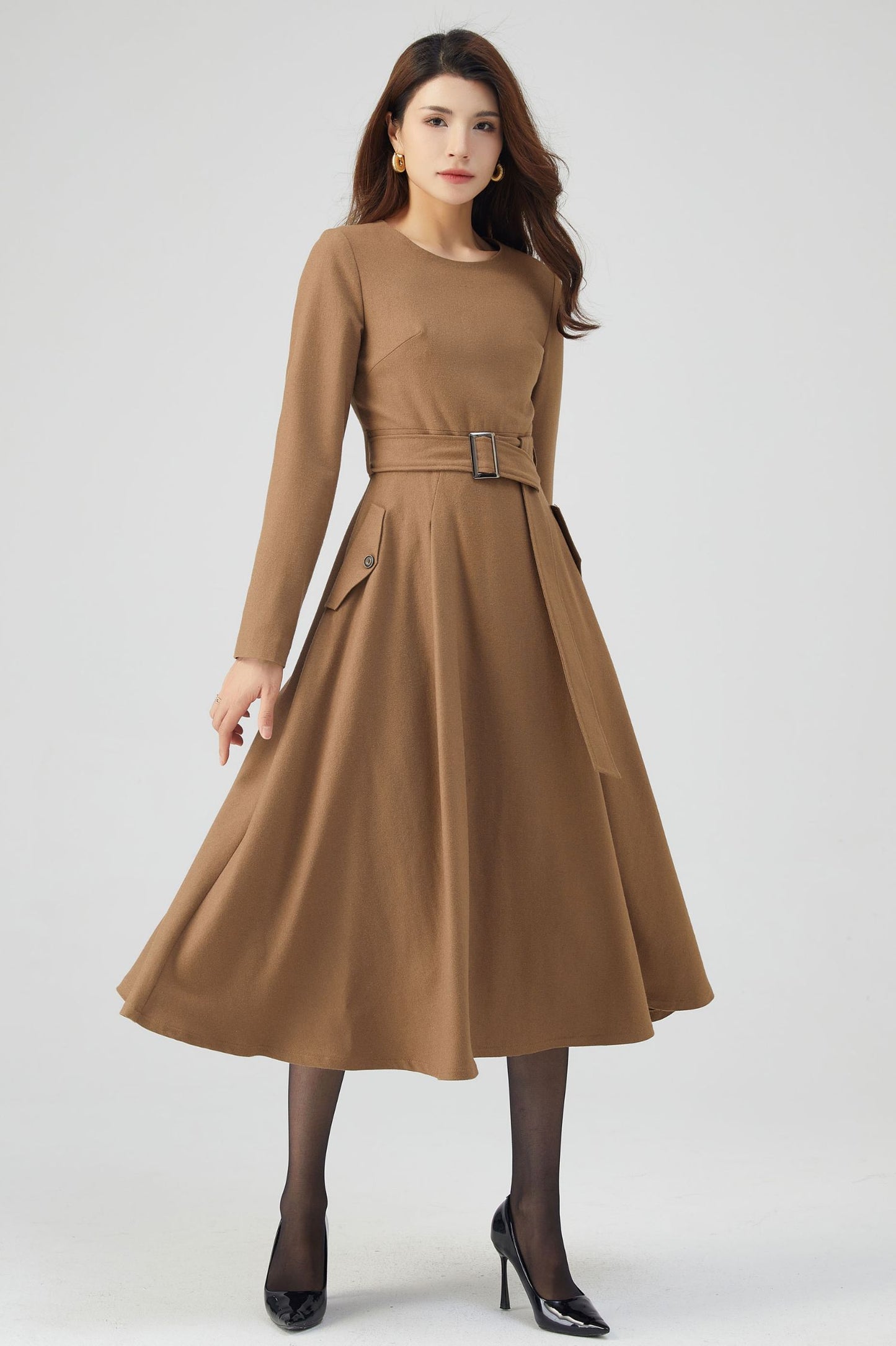 Midi Wool Dress, Belted Dress, Fit and Flare Dress C3543