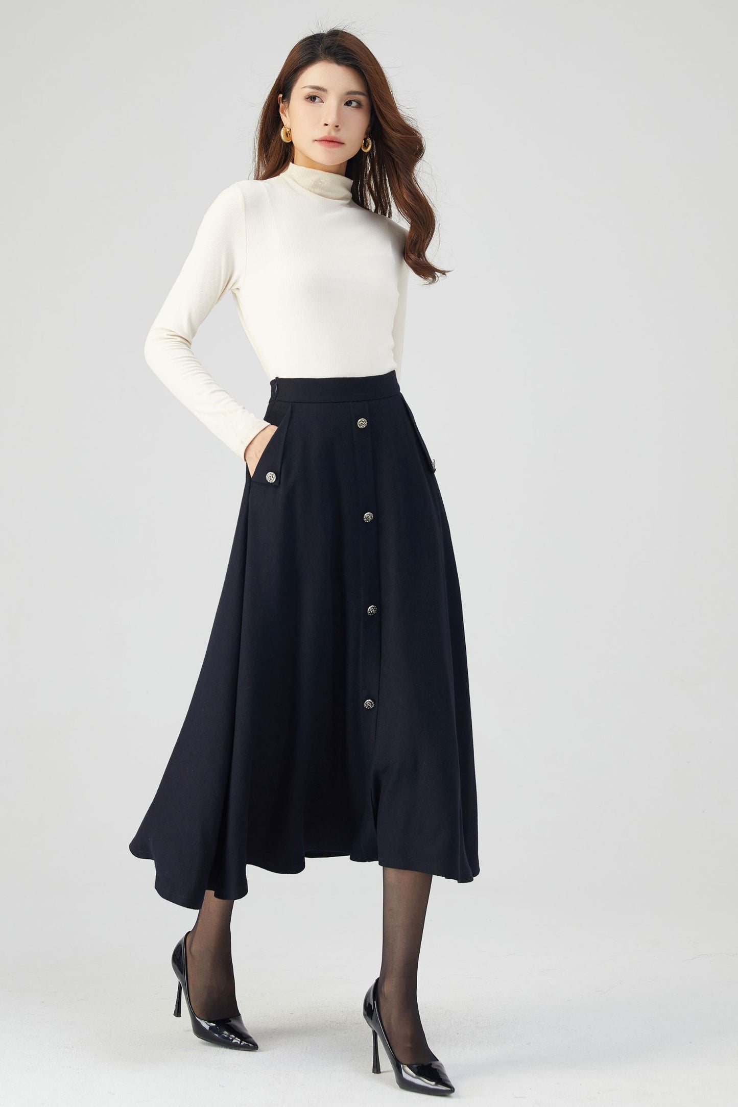 Navy Wool Skirt, Midi Skirt, Womens Skirt C3545