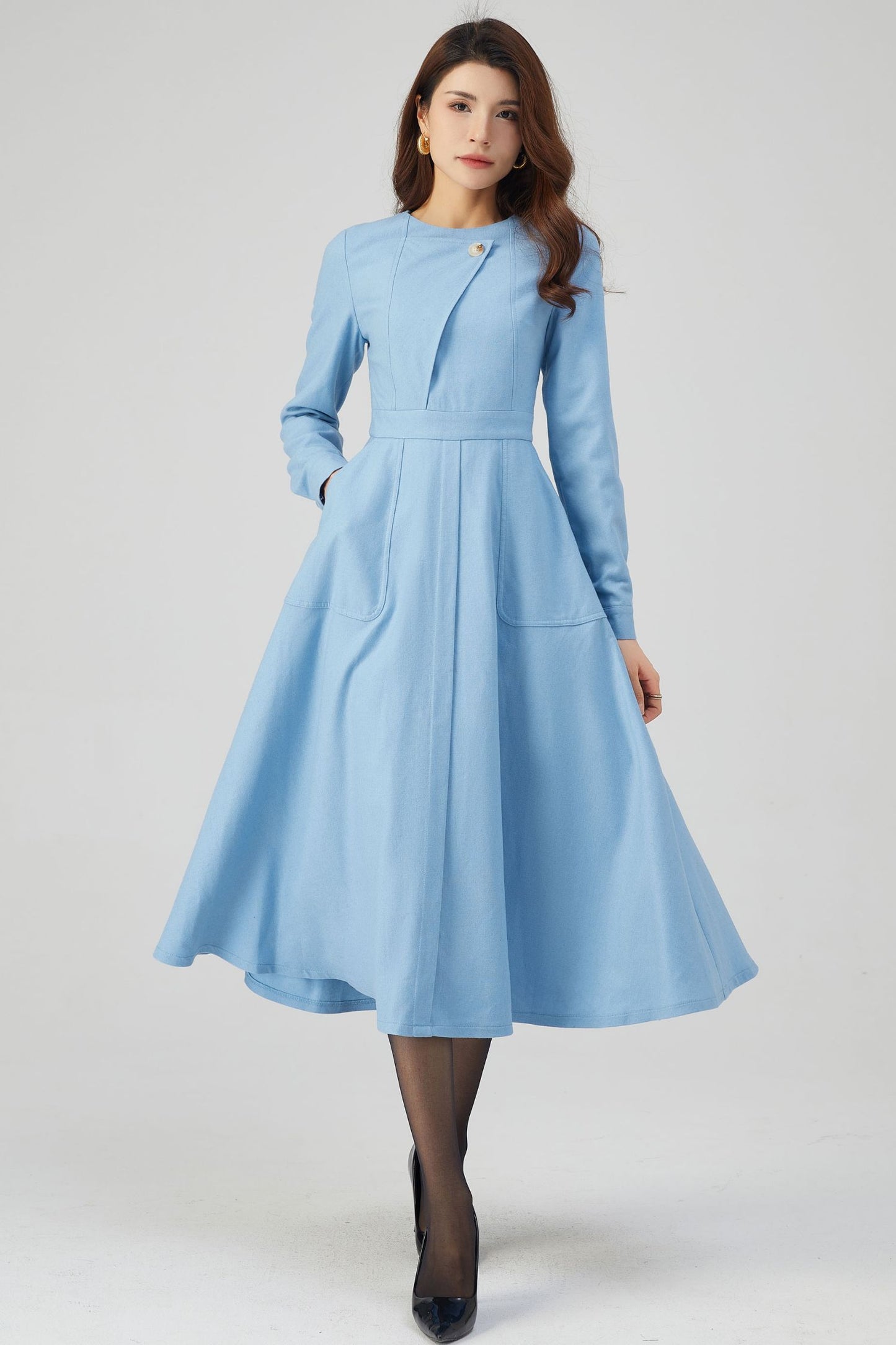 Blue Wool Dress, Winter Dress Women C3541