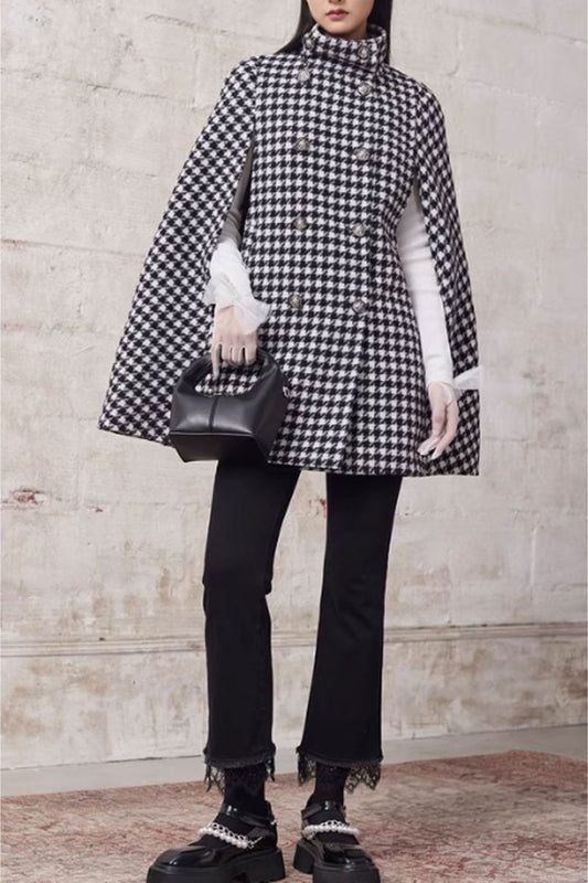Black and white plaid wool cape women C3665