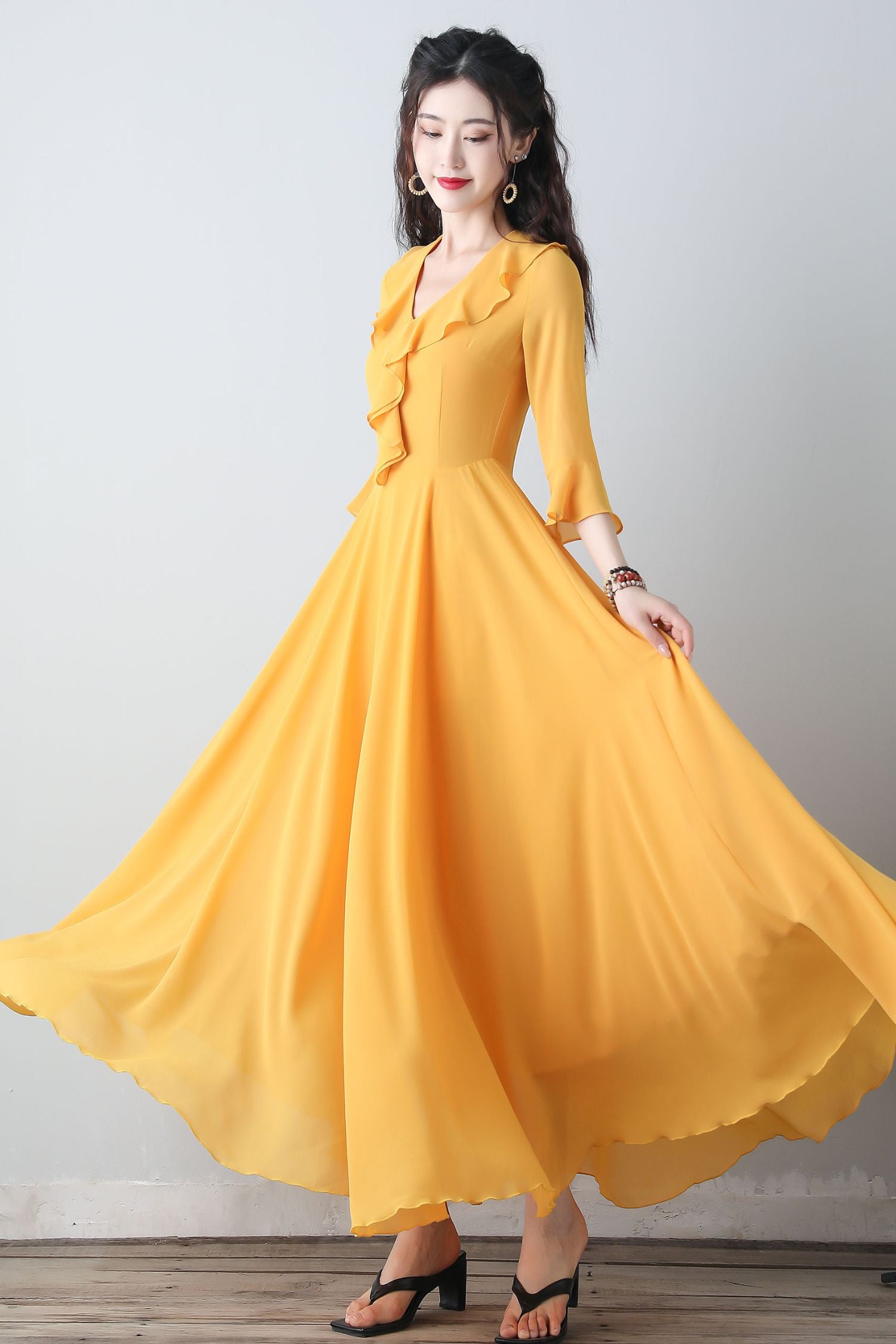 Yellow chiffon fit and flare dress C3457 YLISTYLE Yellow chiffon fit and flare dress C3457 YLISTYLE