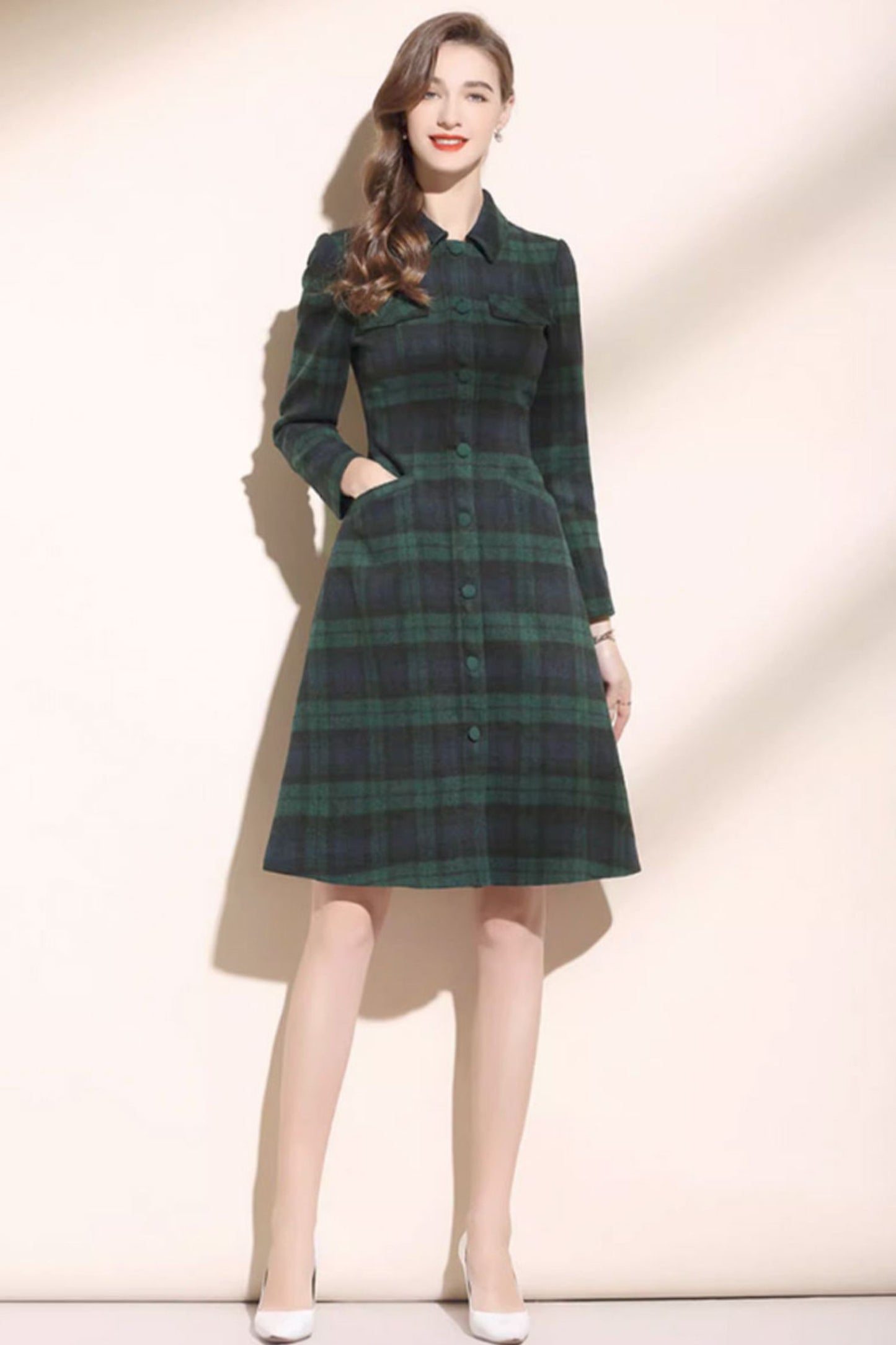 green plaid long sleeves winter wool dress women C3445