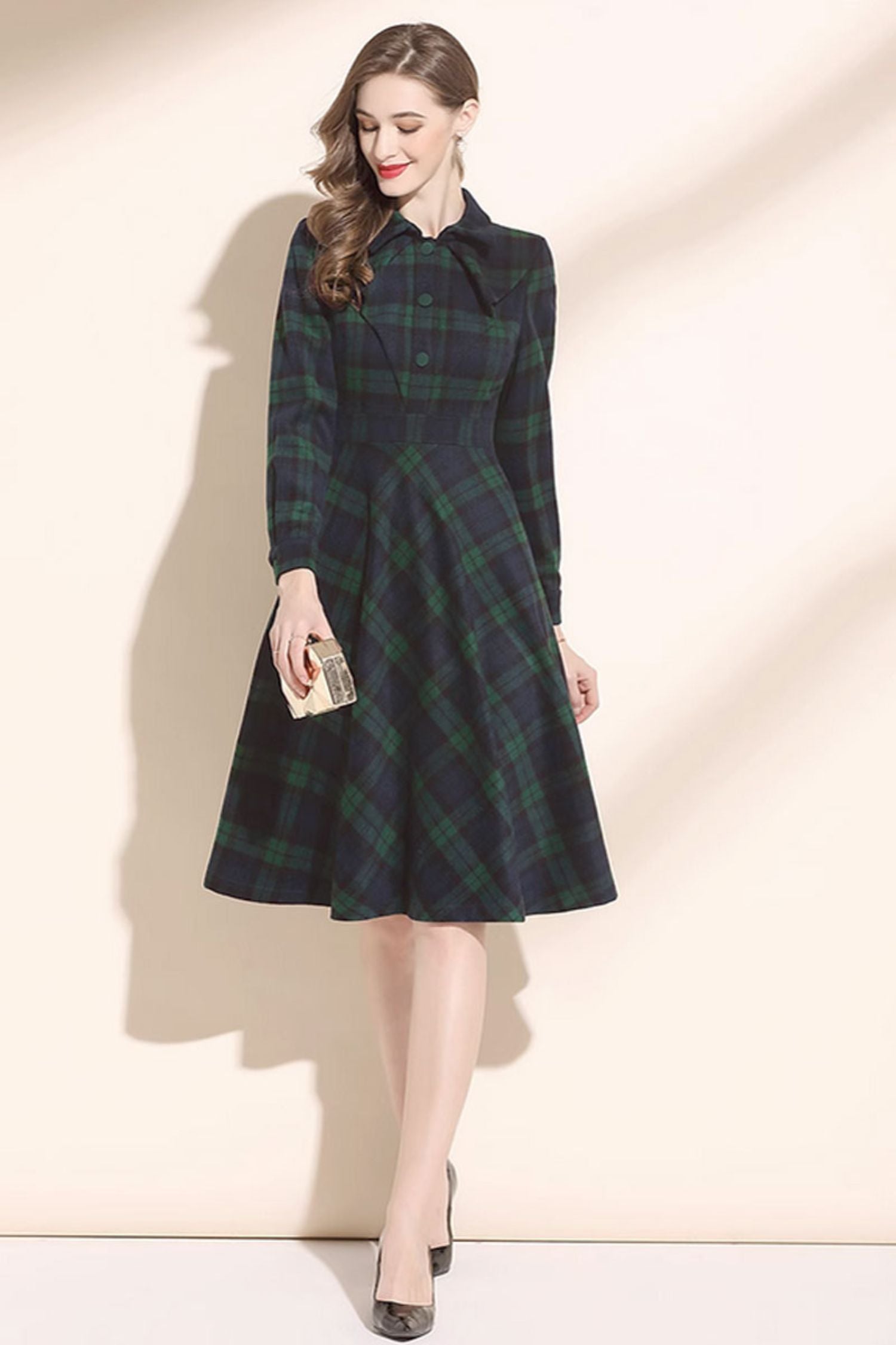 dark green tartan dress Darlene Vintage Swing Dress in Dark Green Plaid Print