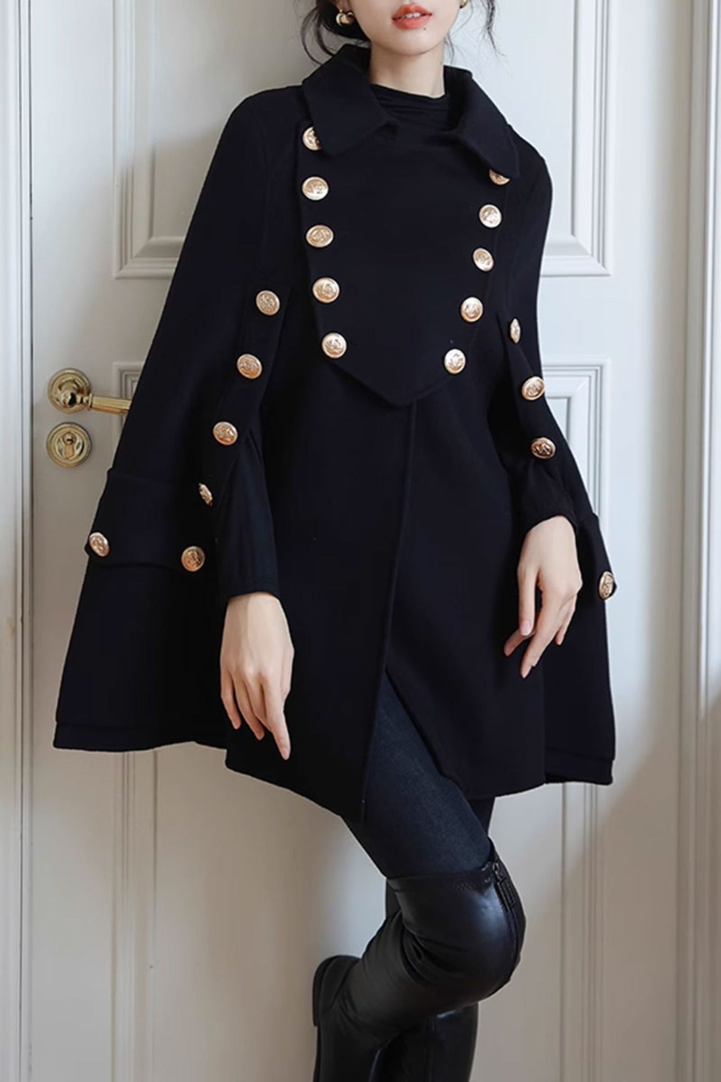 Double breasted military wool cape women C3656