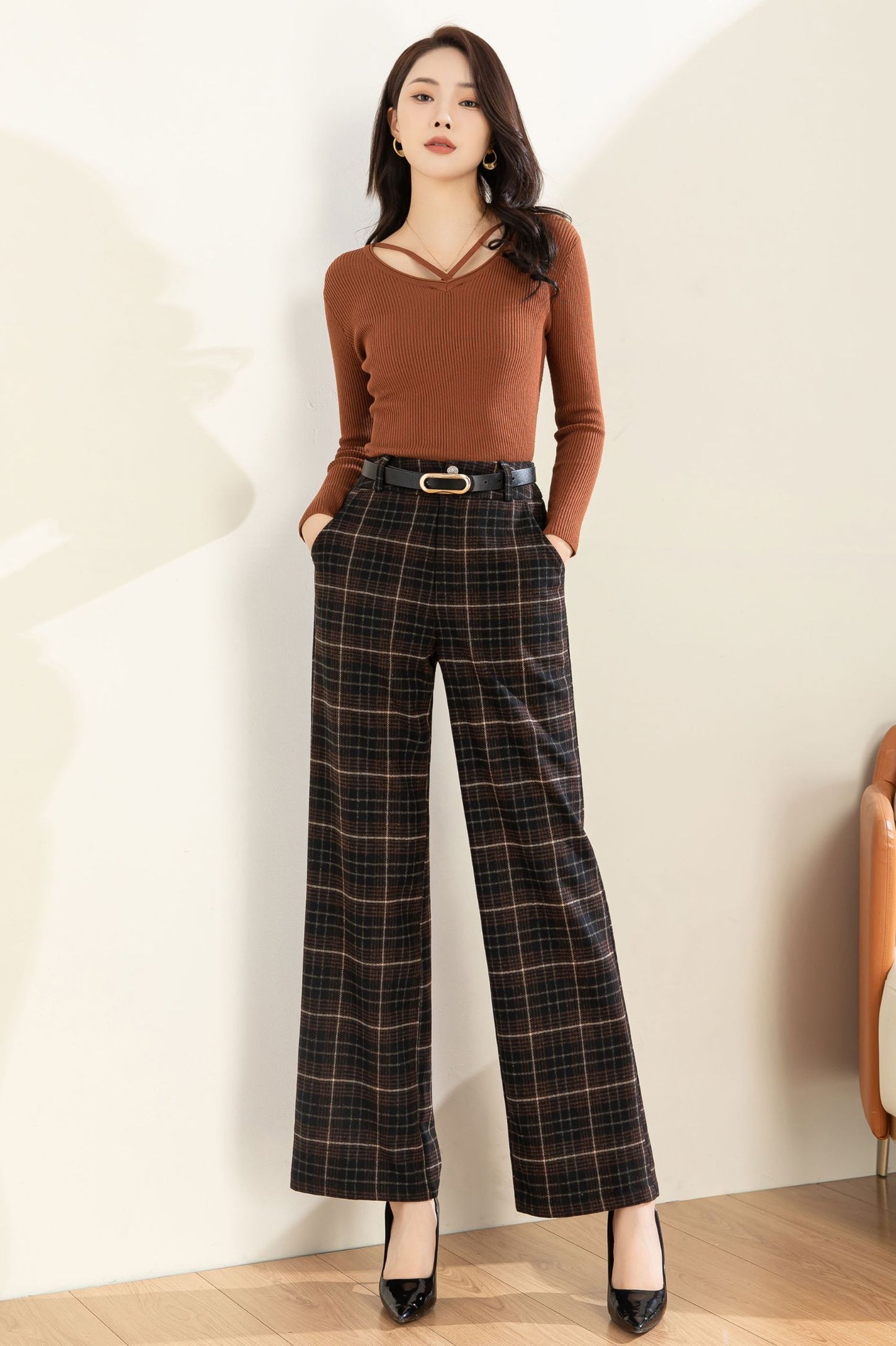 Wool Pants Women, Wide leg pants, Plaid Pants C3594
