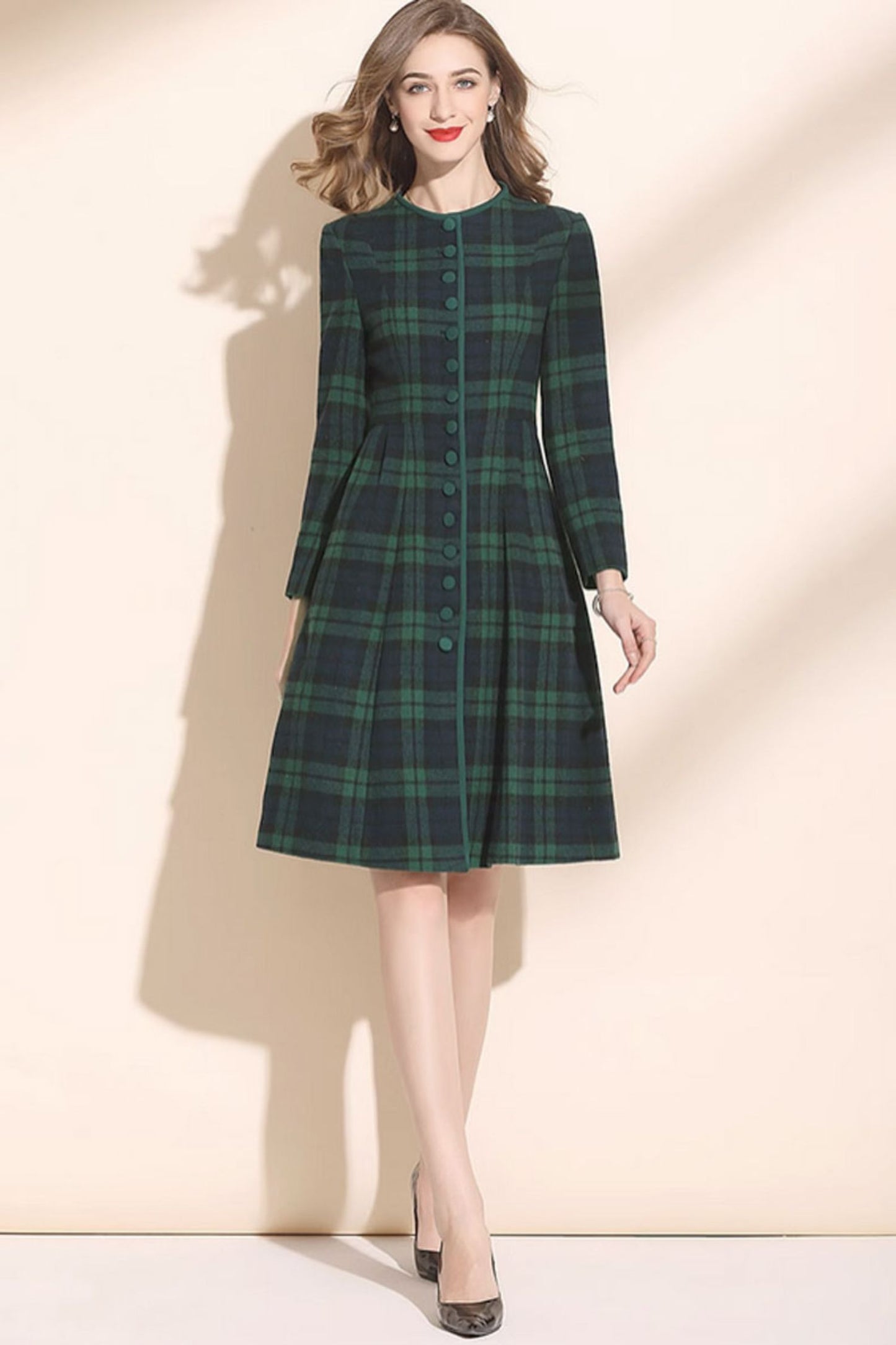 Green plaid winter wool dress women C3416