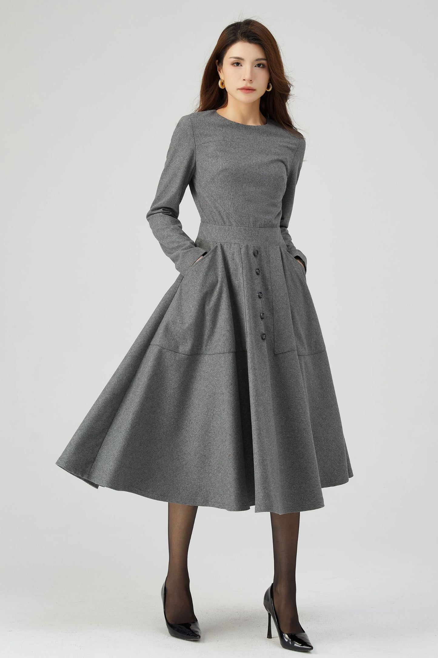 Gray Wool Dress, Button Dress, Pockets Dress C3544