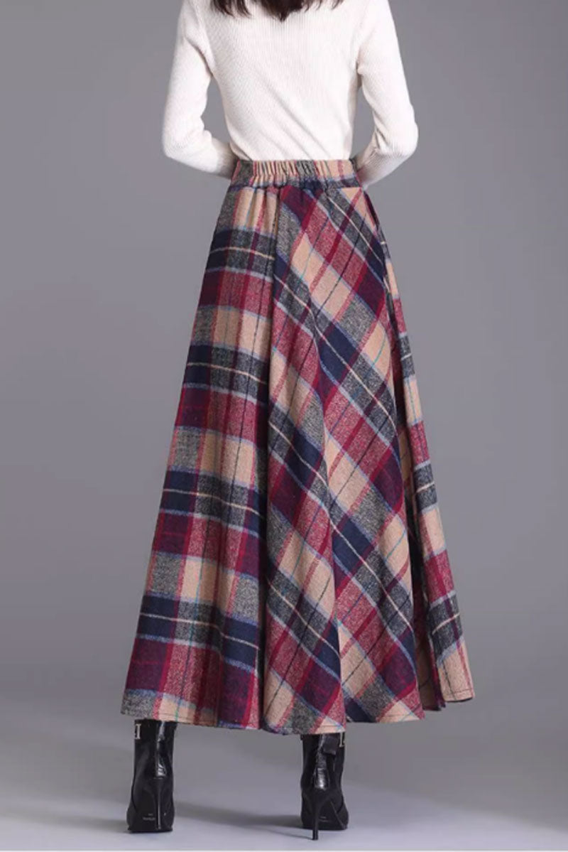 A line plaid long wool skirt C3712