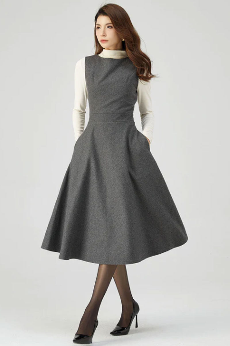 Wool Pinafore Dress, Gray Wool Dress C3546