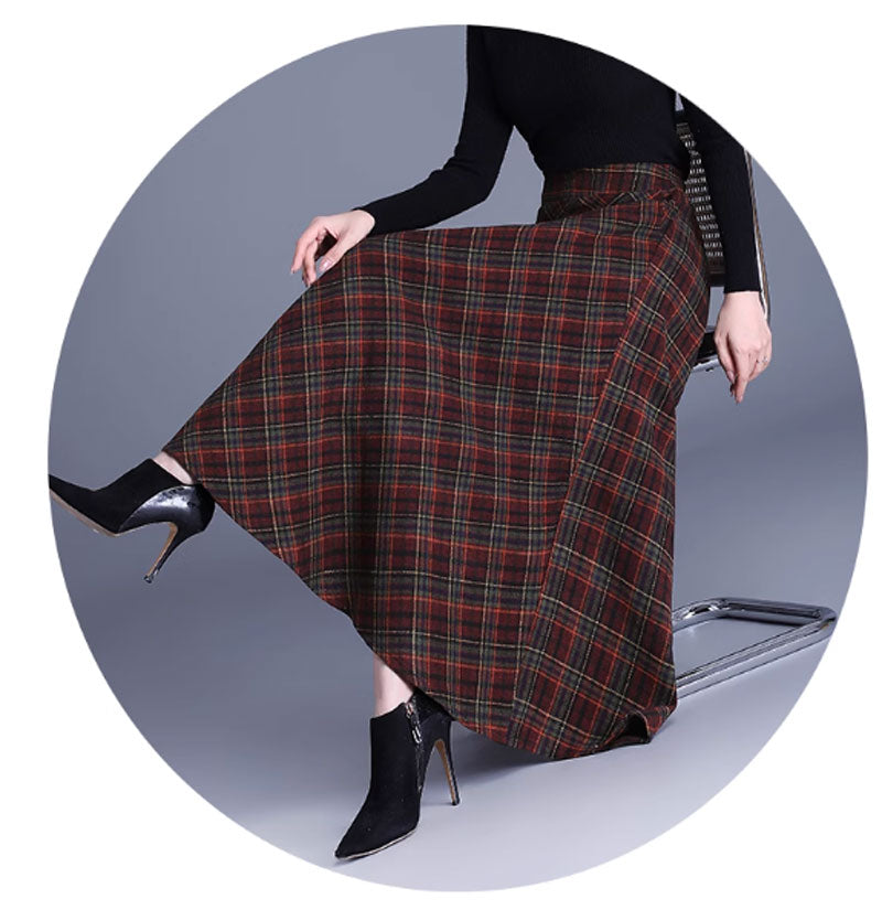 plaid long wool skirt women C3736
