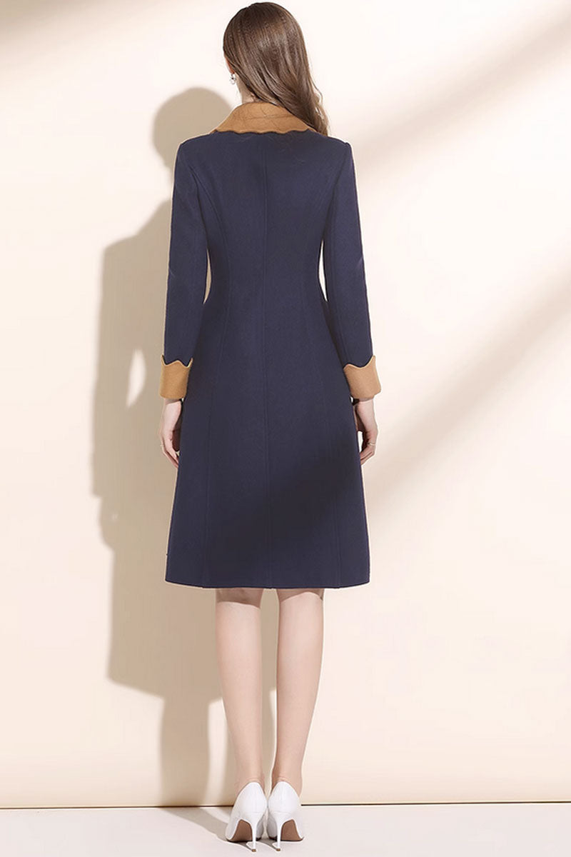 blue fit and flare wool dress with button closure in front  C3443