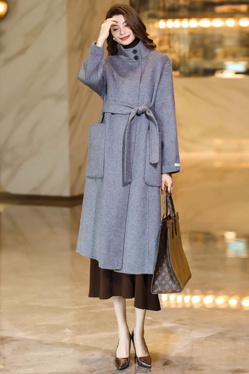 gray long wool coats with pockets C3738