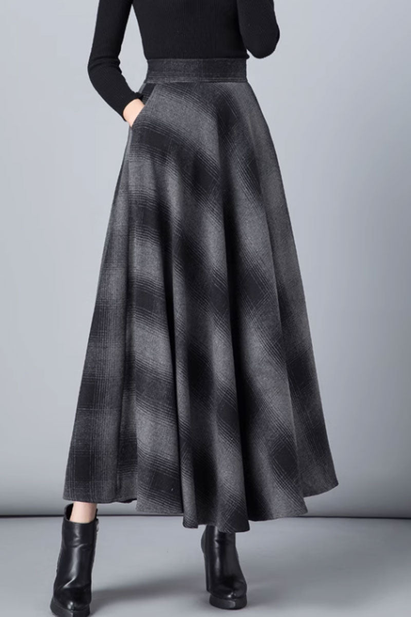 winter plaid long wool skirt with pockets C3761